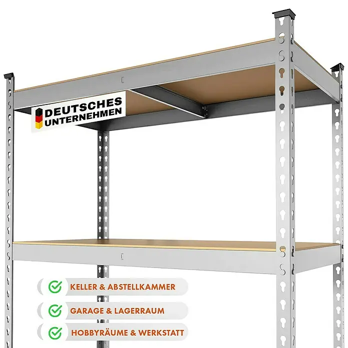 Floordirekt Schwerlastregal Rhino - H x B x T: 180 x 90 x 60 cm, Traglast pro Boden: 210 kg, Anzahl Böden: 5 Stk., Stecken, Silber - Das Bild zeigt ein freistehendes, graues Metallregal mit Holzregalböden, das für Keller, Garage oder Hobbyräume geeignet ist.