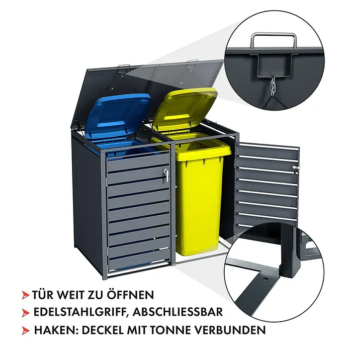 Floordirekt Mülltonnenbox Magnus - Stahl, Anthrazit, Geeignet für Anzahl Mülltonnen: 2 Stk. - Mülltonnenbox für zwei Mülltonnen mit abschließbarer Tür und Edelstahldeckel für den Außenbereich.