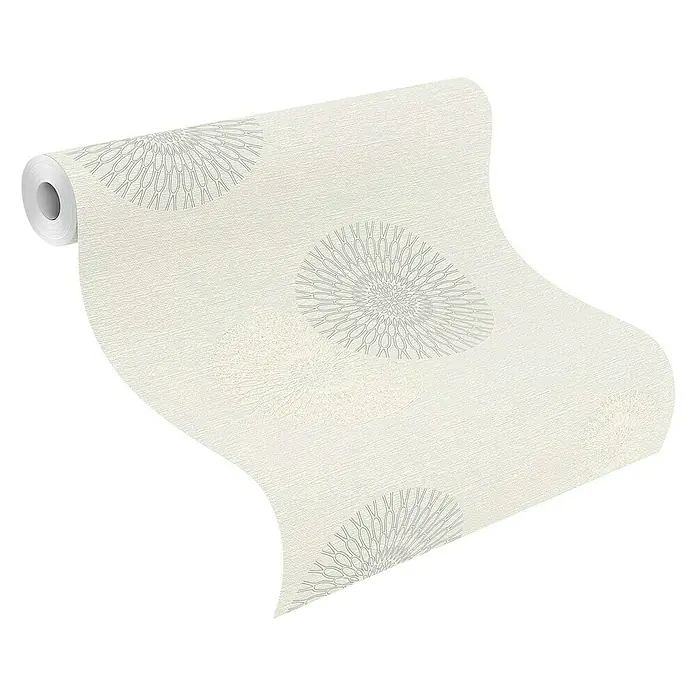 Rasch Tapetenwechsel Vliestapete - Weiß, Grafisch, 10,05 x 0,53 m - Nahaufnahme einer Rolle zart gemusterter Tapete in Weiß und Grau, die ein elegantes und dezentes Design für die Wandgestaltung zeigt.