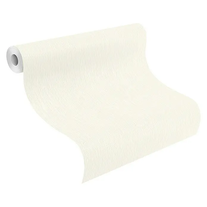 Rasch Trianon Vliestapete - Weiß, Uni, 10,05 x 0,53 m - Nahaufnahme einer Tapetenrolle in Cremeweiß mit feiner Textur, die eine elegante und schlichte Wandgestaltung verspricht.