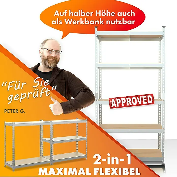 Floordirekt Schwerlastregal Rhino - H x B x T: 180 x 90 x 45 cm, Traglast pro Boden: 210 kg, Anzahl Böden: 5 Stk., Stecken, Silber - Produktbild: Das flexible 2-in-1 Metallregal, geprüft von Peter G., ist auch als Werkbank nutzbar. Maximal flexibel einsetzbar.