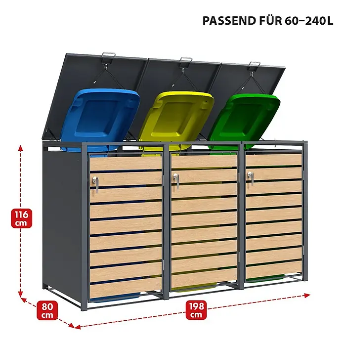 Floordirekt Mülltonnenbox Johan - Stahl, Anthrazit/Braun, Geeignet für Anzahl Mülltonnen: 3 Stk. - Produktabbildung eines Mülltonnenbox für drei Tonnen, ideal für die Abfalltrennung. Die Box ist stabil und wetterfest.