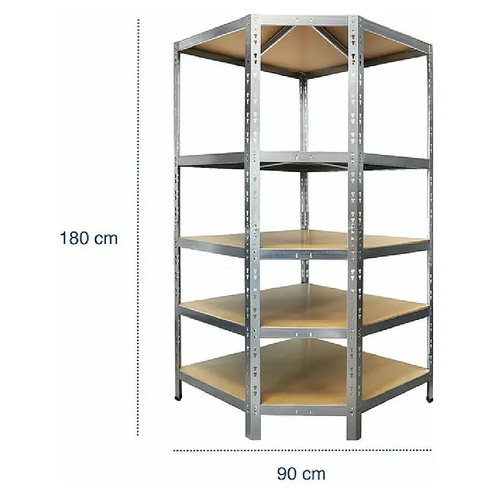 Floordirekt Eckregal - H x B x T: 180 x 90 x 42 cm, Traglast pro Boden: 175 kg, Anzahl Böden: 5 Stk., Stecken, Silber - Eckregal aus Metall mit fünf Regalböden aus Holz, mit den Maßen 180 cm Höhe und 90 cm Breite.