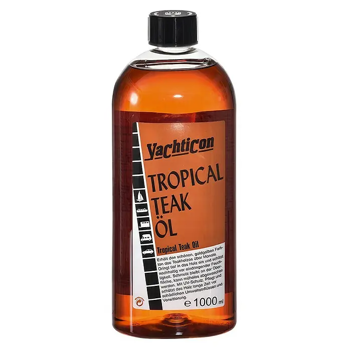 Yachticon Pflegeöl Tropical Teak - Gold, 1 l - Eine Flasche Yachticon Tropical Teak Öl, ein Holzpflegeprodukt, das Teakholz schützt und pflegt, für langanhaltenden Schutz.