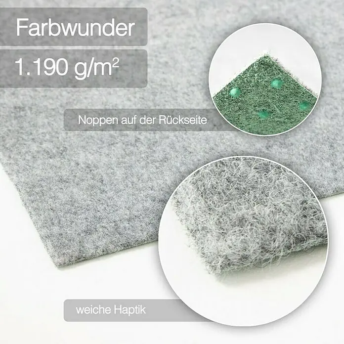 Rasenteppich Farbwunder - 1.800 x 200 cm, Grau, Mit Drainagenoppen - Detailaufnahme eines grauen Filzstoffes mit Produktinformationen zu Gewicht und Beschaffenheit der Rückseite.