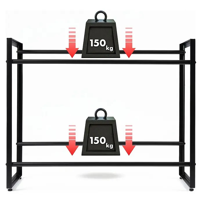 Floordirekt Getränkekistenregal Kenji - H x B x T: 82 x 104 x 32 cm, Traglast pro Boden: 150 kg, Anzahl Böden: 2 Stk., Stecken, Schwarz - Bild eines schwarzen Hantelständers, der mit Gewichten und roten Pfeilen die Gewichtsbelastung anzeigt. Der Hantelständer ist robust und stabil.