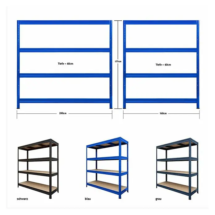 Floordirekt Schwerlastregal - H x B x T: 180 x 200 x 60 cm, Traglast pro Boden: 400 kg, Anzahl Böden: 4 Stk., Stecken, Schwarz - Regalübersicht mit den Maßen 177 cm Höhe, 60 cm Tiefe und 200/160 cm Breite, sowie Produktvarianten in Schwarz, Blau und Grau.