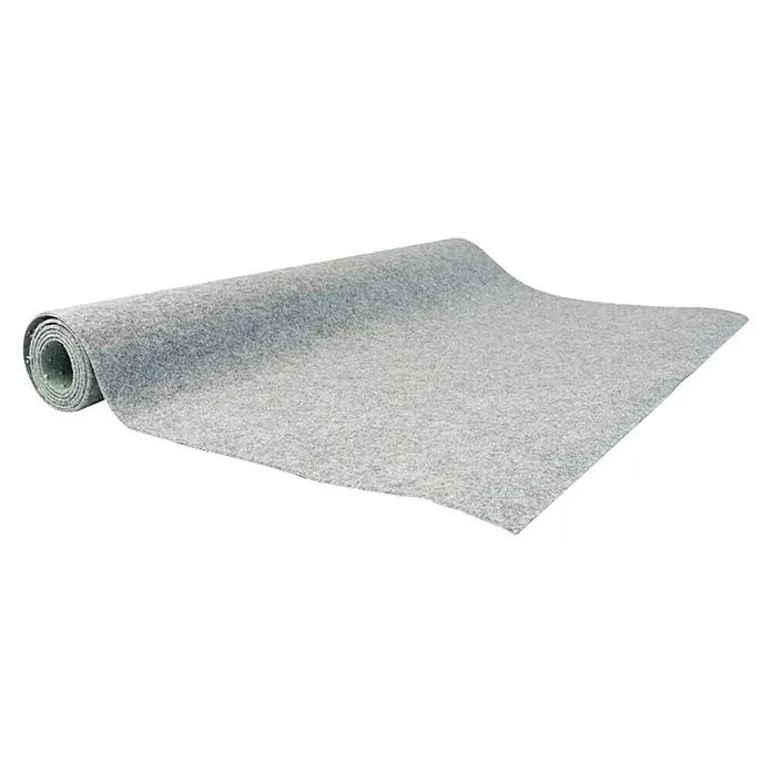 Rasenteppich Farbwunder - 1.800 x 200 cm, Grau, Mit Drainagenoppen - Graue Teppichrolle. Die Rolle ist grau und hat eine leicht strukturierte Oberfläche. Sie ist teilweise ausgerollt.