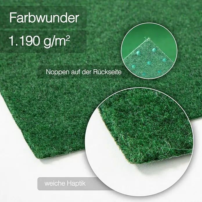 Rasenteppich Farbwunder - 300 x 200 cm, Grün, Mit Drainagenoppen - Detailaufnahme eines grünen Kunstrasenteppichs mit weicher Haptik, Noppen auf der Rückseite und einem Gewicht von 1.190 g/m². Farbbrillanz.