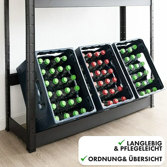 Floordirekt Getränkekistenregal Osaka - H x B x T: 200 x 100 x 30 cm, Traglast pro Boden: 100 kg, Anzahl Böden: 3 Stk., Stecken, Schwarz - Regal mit Getränkekisten.