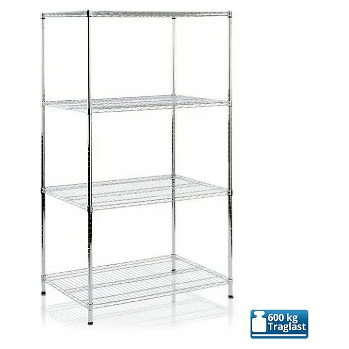 Floordirekt Gitterregal Himalaya - H x B x T: 160 x 60 x 90 cm, Traglast pro Boden: 150 kg, Anzahl Böden: 4 Stk., Stecken, Chrom - Ein chromfarbenes Drahtregal mit vier Ebenen für viel Stauraum in Küche, Keller oder Büro.