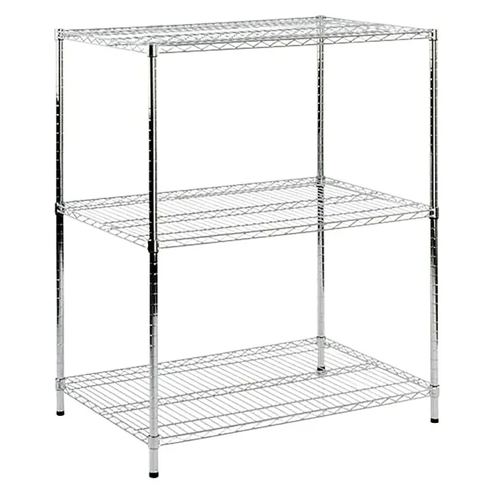Floordirekt Gitterregal Everest - H x B x T: 90 x 35 x 60 cm, Traglast pro Boden: 70 kg, Anzahl Böden: 3 Stk., Stecken, Chrom - Draufsicht eines dreistufigen, verchromten Drahtregals, ideal für Lagerung und Organisation mit robustem Design und guter Belüftung.