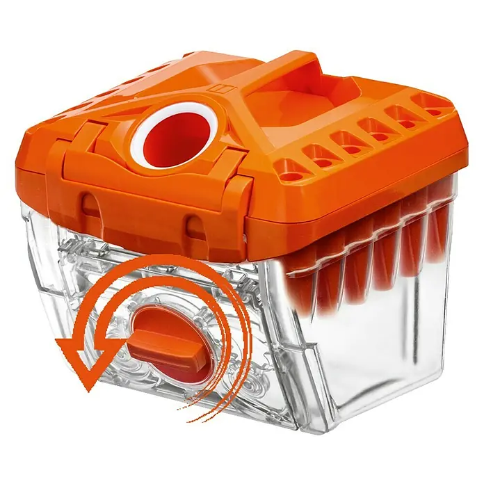 Thomas Staubsauger Cycloon Hybrid Family & Pets - 1.400 W, Behältervolumen: 2,1 l, Beutellos - Orangefarbener Spielzeugbehälter mit durchsichtigem Unterteil und Drehknopf zur Betätigung.