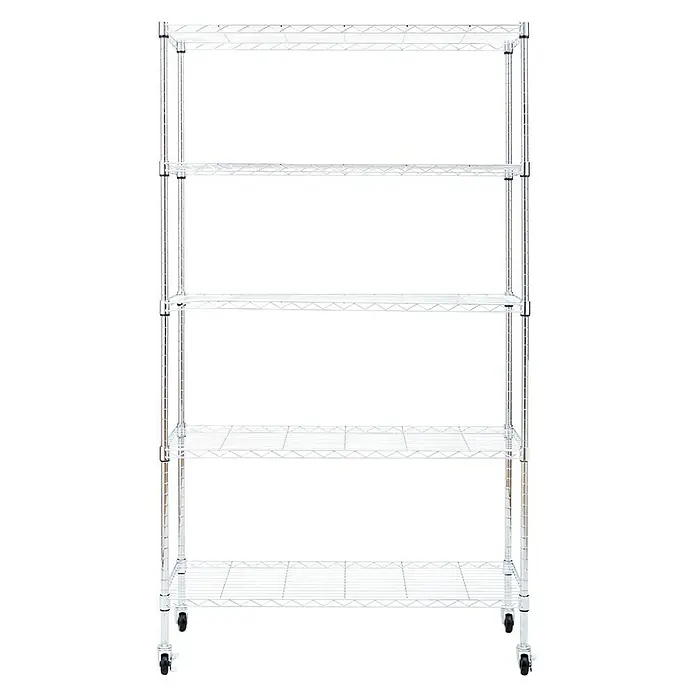 Floordirekt Gitterregal Maya - H x B x T: 150 x 34 x 89 cm, Traglast pro Boden: 24 kg, Anzahl Böden: 5 Stk., Stecken, Chrom - Bild eines freistehenden, verchromten Drahtregals mit vier Regalböden und Rollen für einfachen Transport.