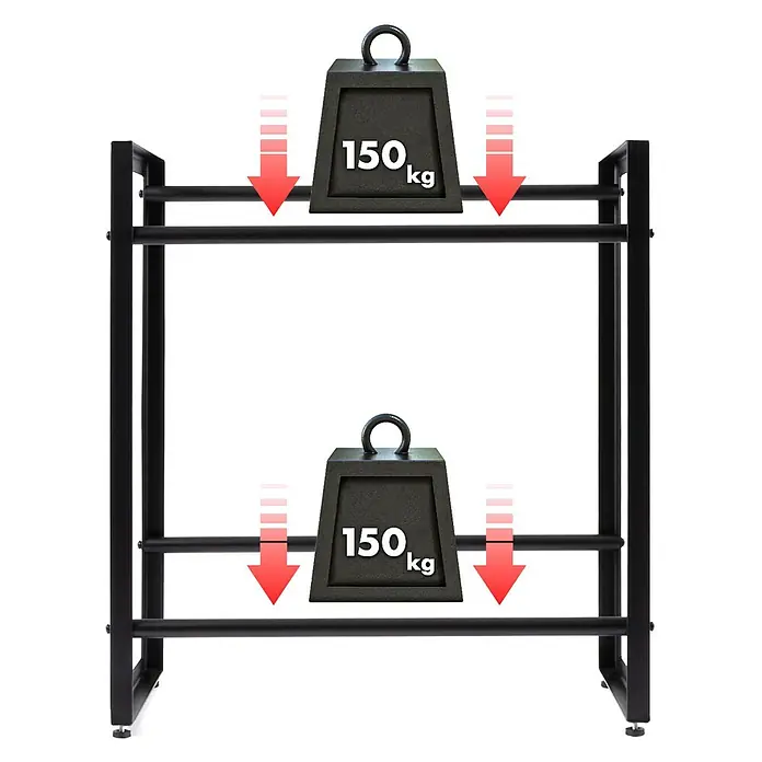 Floordirekt Getränkekistenregal Kenji - H x B x T: 79 x 70 x 32 cm, Traglast pro Boden: 150 kg, Anzahl Böden: 2 Stk., Stecken, Schwarz - Hantelständer mit zwei Ablageebenen, jeweils belastbar mit 150 kg, ideal für die sichere Aufbewahrung von Hanteln und Gewichten im Fitnessstudio.