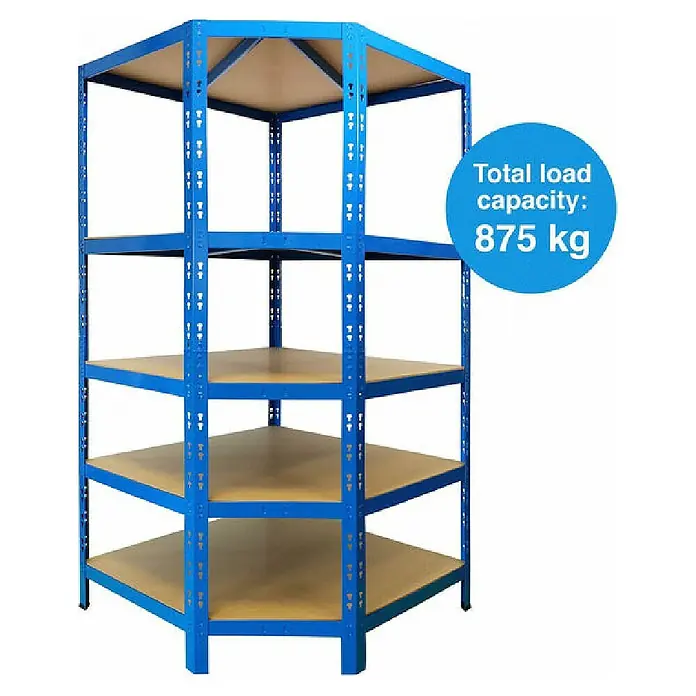 Floordirekt Eckregal - H x B x T: 180 x 90 x 42 cm, Traglast pro Boden: 175 kg, Anzahl Böden: 5 Stk., Stecken, Blau - Produktfoto: Blaues Eckregal mit fünf Regalböden und einer maximalen Tragfähigkeit von 875 kg für Lagerzwecke.