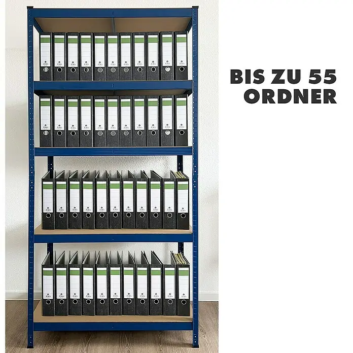 Floordirekt Schwerlastregal Set Lakota - H x B x T: 200 x 100 x 50 cm, 2 Stk., Traglast pro Boden: 175 kg, Anzahl Böden: 5 Stk., Stecken, Blau - Ein blaues Metallregal ist mit mehreren schwarzen Ordnern gefüllt. Auf der rechten Seite steht der Text „Bis zu 55 Ordner“.