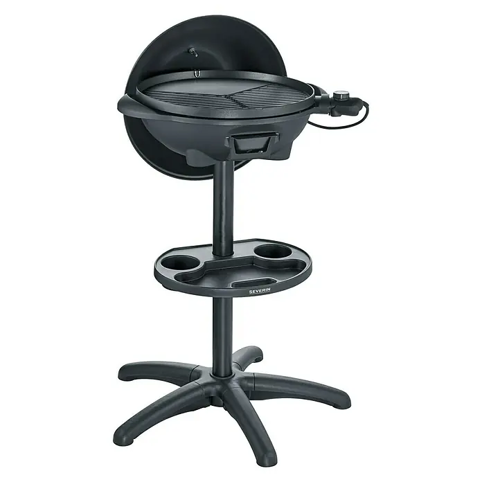 Severin Elektrogrill eBBQ PG 8541 - Durchmesser Grillfläche: 41 cm, 2 kW - Produktabbildung eines Severin Elektrogrills mit Ständer, Ablage und Deckel. Ideal für den Balkon oder die Terrasse.