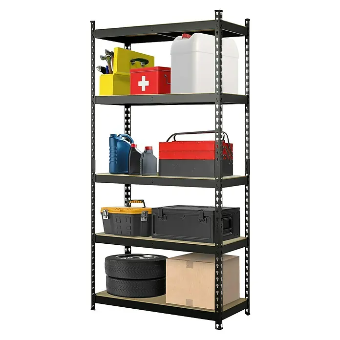 Floordirekt Schwerlastregal Rhino - H x B x T: 180 x 90 x 60 cm, Traglast pro Boden: 210 kg, Anzahl Böden: 5 Stk., Stecken, Schwarz - Aufnahme eines Regals voller Autowerkzeuge und -zubehör.