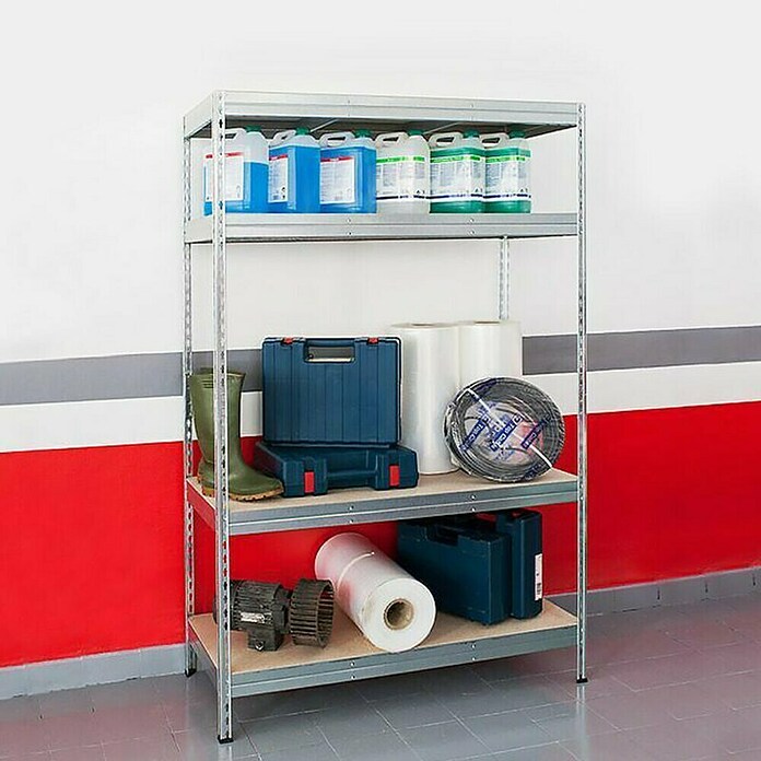 Floordirekt Schwerlastregal (H x B x T: 200 x 180 x 60 cm, Traglast pro Boden: 400 kg, Anzahl Böden: 4 Stk., Stecken, Silber) | BAUHAUS
