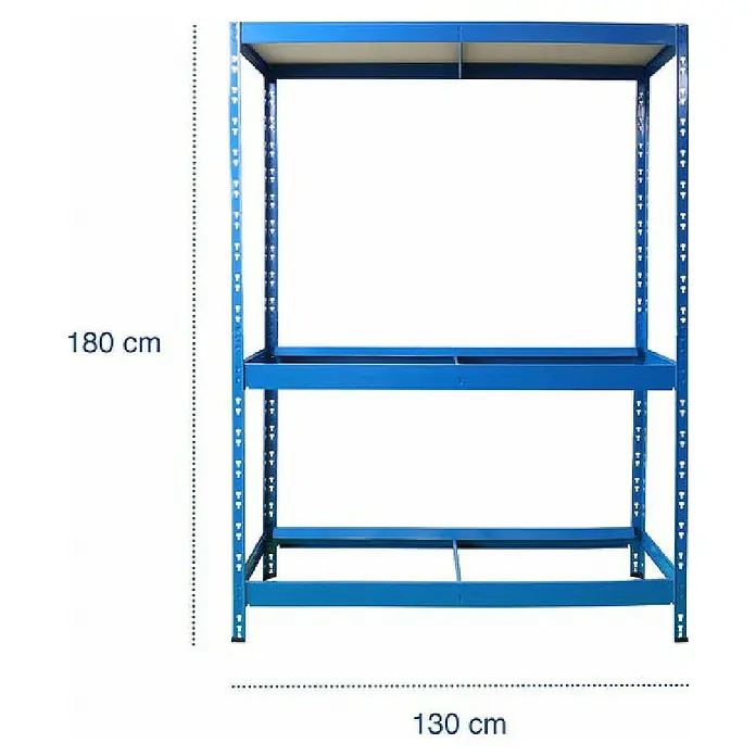 Floordirekt Reifenregal - H x B x T: 180 x 130 x 50 cm, Anzahl Träger: 2 Stk., Stecken, Blau - Abbildung eines blauen Metallregals mit drei Ebenen und Maßangaben: 180 cm hoch und 130 cm breit.
