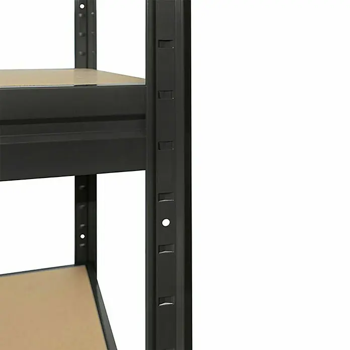 Floordirekt Schwerlastregal - H x B x T: 180 x 200 x 60 cm, Traglast pro Boden: 400 kg, Anzahl Böden: 4 Stk., Stecken, Schwarz - Detailansicht eines schwarzen Metallregals mit Regalböden, das Stabilität und Funktionalität für Lagerzwecke bietet.