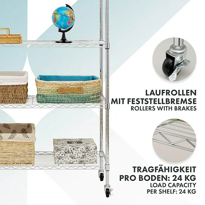 Floordirekt Gitterregal Maya - H x B x T: 150 x 34 x 89 cm, Traglast pro Boden: 24 kg, Anzahl Böden: 5 Stk., Stecken, Chrom - Detailaufnahme eines Chromregals mit Körben, Weltkugel und Infos zu Rollen mit Bremsen und Tragfähigkeit von 24 kg pro Boden.