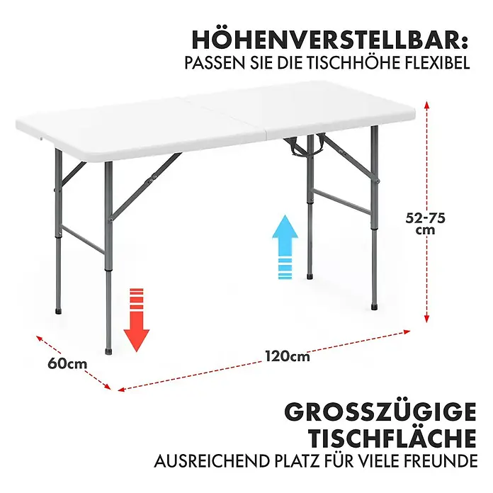 Floordirekt Gartentisch Fukui - L x B x H: 120 x 60 x 75 cm, Kunststoff, Rechteckig, Weiß - Höhenverstellbarer, klappbarer Tisch in Weiß mit den Maßen 60x120cm und einer Höhe von 52-75cm. Ideal für viele Freunde.