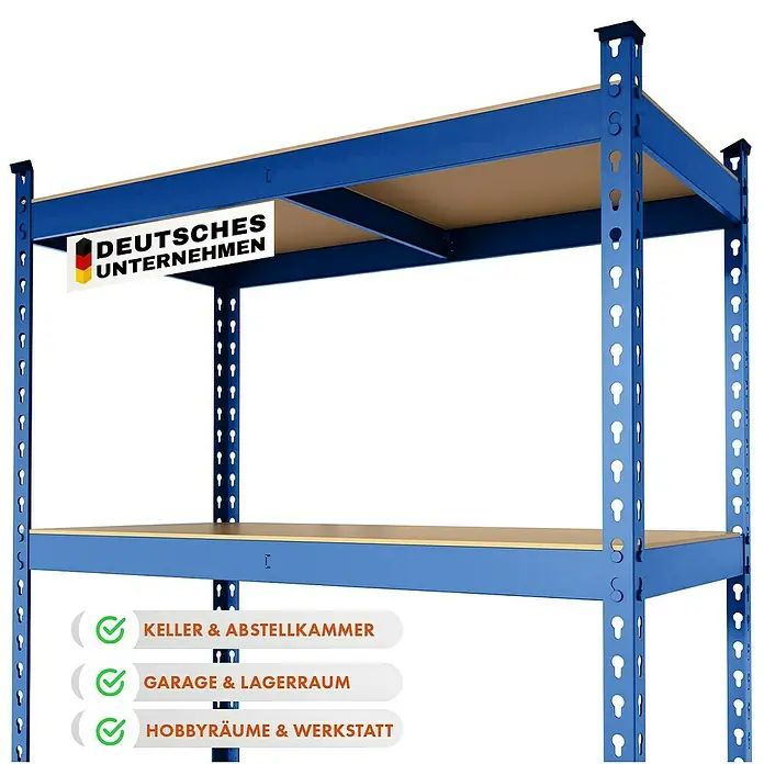 Floordirekt Schwerlastregal Rhino - H x B x T: 180 x 90 x 60 cm, Traglast pro Boden: 210 kg, Anzahl Böden: 5 Stk., Stecken, Blau - Abgebildetes blaues Schwerlastregal mit zwei Ebenen. Ideal für Keller, Garage oder Werkstatt und bietet viel Stauraum.