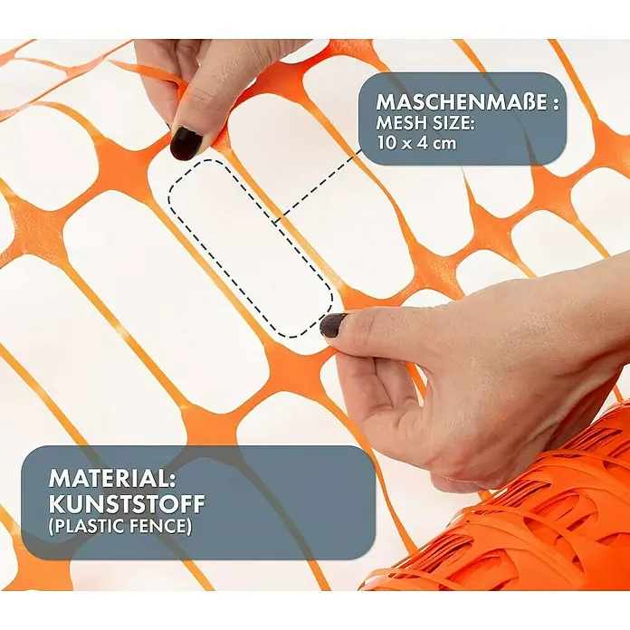 Floordirekt Absperrgitter Chester - 5.000 x 100 cm, Kunststoff, Orange - Nahaufnahme eines orangefarbenen Kunststoff-Bauzauns mit einer Maschenweite von 10 x 4 cm, der die Materialbeschaffenheit und Abmessungen hervorhebt.