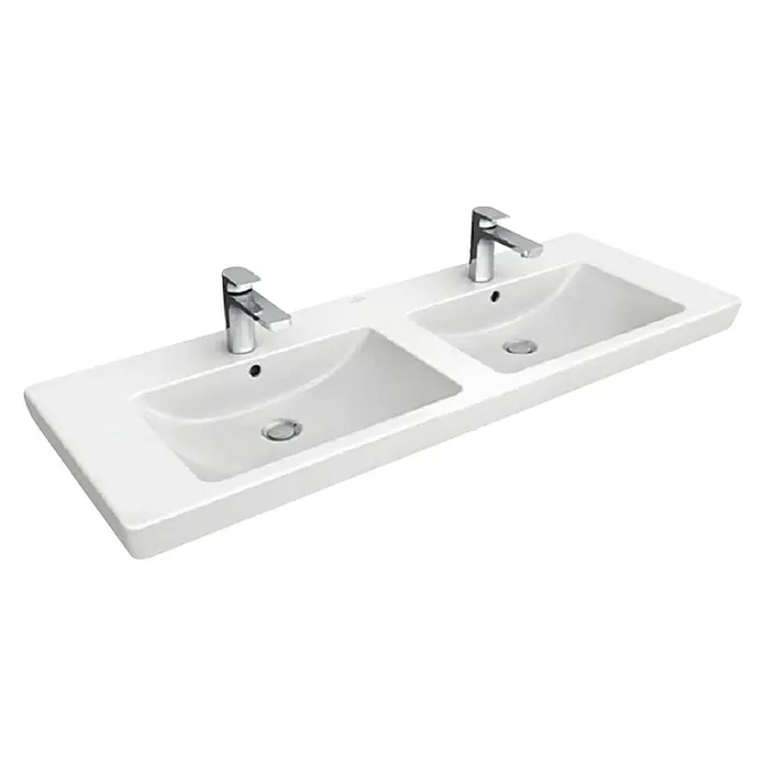 Villeroy & Boch Subway 2.0 Doppelwaschtisch - 130 x 47 cm, Ohne Spezialglasur, Hahnloch: Mitte, Weiß, Anzahl Waschschüsseln: 2 - Doppelwaschtisch aus Keramik mit zwei Armaturen und runden Becken für ein modernes Badezimmerdesign.