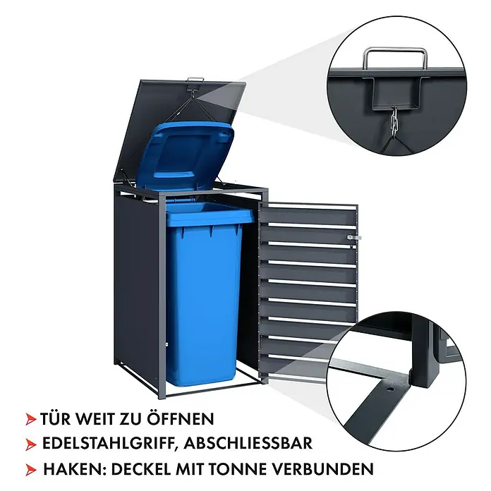 Floordirekt Mülltonnenbox Magnus - Stahl, Anthrazit, Geeignet für Anzahl Mülltonnen: 1 Stk. - Mülltonnenbox aus anthrazitfarbenem Metall mit Tür und Deckel geöffnet, darin eine blaue Mülltonne.