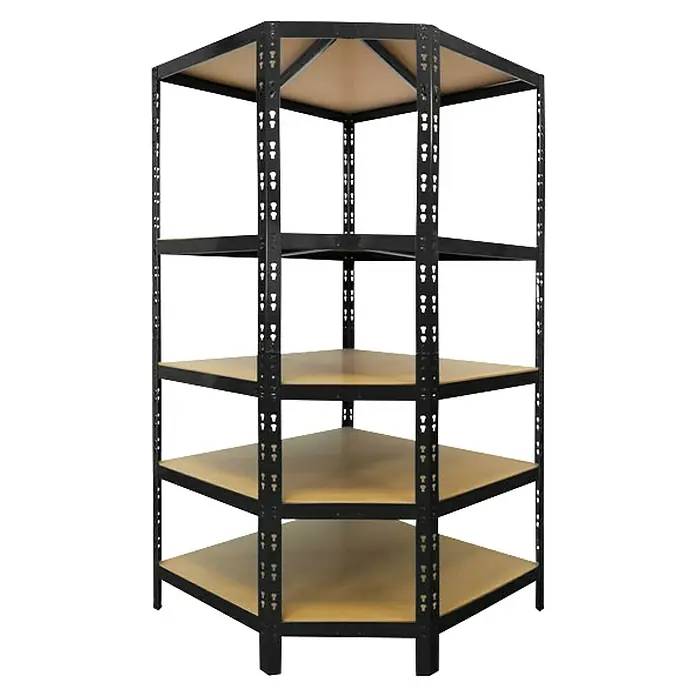 Floordirekt Eckregal - H x B x T: 180 x 90 x 42 cm, Traglast pro Boden: 175 kg, Anzahl Böden: 5 Stk., Stecken, Schwarz - Schwarzes Eckregal mit fünf Holzregalen. Eine stabile und platzsparende Lösung für die Lagerung in Ecken.