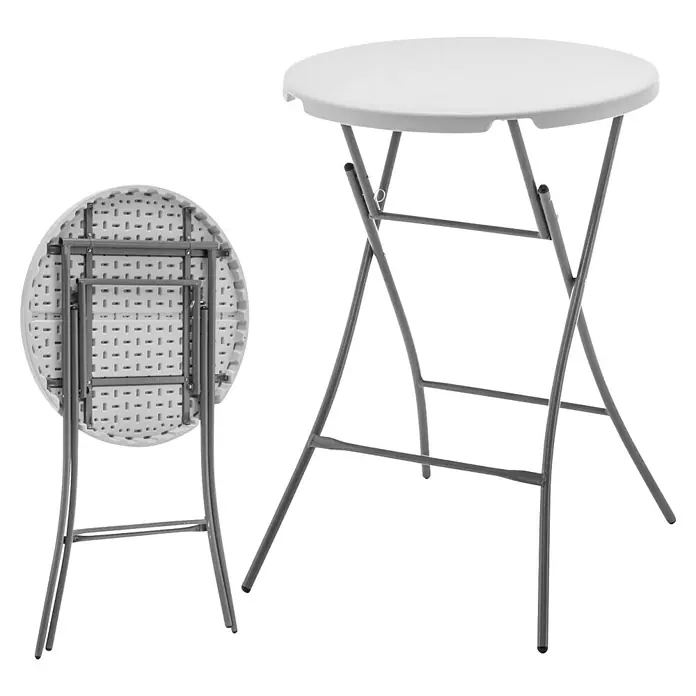 Floordirekt Garten-Stehtisch rund Nagano - Ø x H: 80 x 110 cm, Kunststoff, Rund, Weiß - Klappbarer Stehtisch mit runder, weißer Tischplatte und grauem Metallgestell, ideal für Partys und Veranstaltungen.