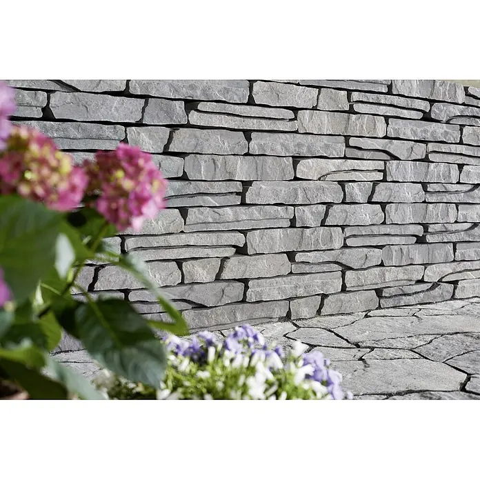 EHL Mauerstein Burgundermauer - Anthrazit, 40 x 18 x 8 cm, Beton - Graue Natursteinmauer mit unregelmäßigen Steinen, die eine rustikale und elegante Optik verleihen. Perfekt für Gartenmauern oder Fassaden.