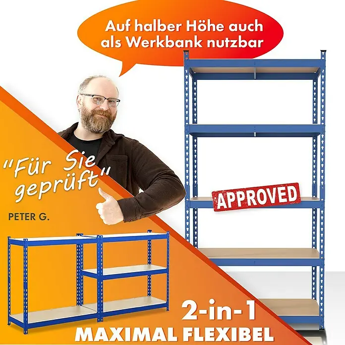 Floordirekt Schwerlastregal Rhino - H x B x T: 180 x 90 x 45 cm, Traglast pro Boden: 210 kg, Anzahl Böden: 5 Stk., Stecken, Blau - Das Bild zeigt ein vielseitiges 2-in-1 Regal, das auch als Werkbank genutzt werden kann, geprüft und für maximal flexibel befunden.