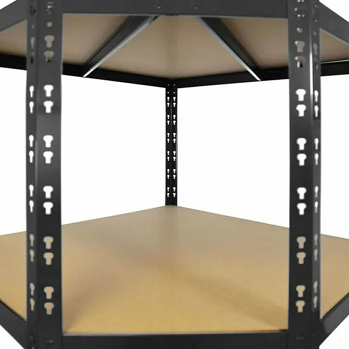 Floordirekt Eckregal - H x B x T: 180 x 90 x 42 cm, Traglast pro Boden: 175 kg, Anzahl Böden: 5 Stk., Stecken, Schwarz - Nahaufnahme eines schwarzen Metallregals mit Holzregalböden, das ein robustes und vielseitiges Aufbewahrungssystem zeigt.