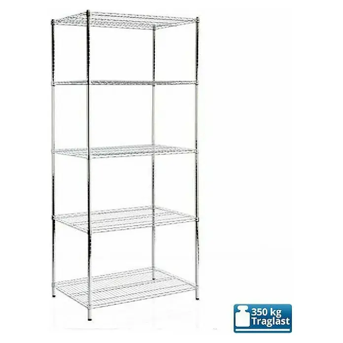 Floordirekt Gitterregal Everest - H x B x T: 200 x 60 x 90 cm, Traglast pro Boden: 70 kg, Anzahl Böden: 5 Stk., Stecken, Chrom - Ein Chrom-Drahtregal mit fünf Ebenen, ideal für Lagerung und Organisation in verschiedenen Umgebungen.