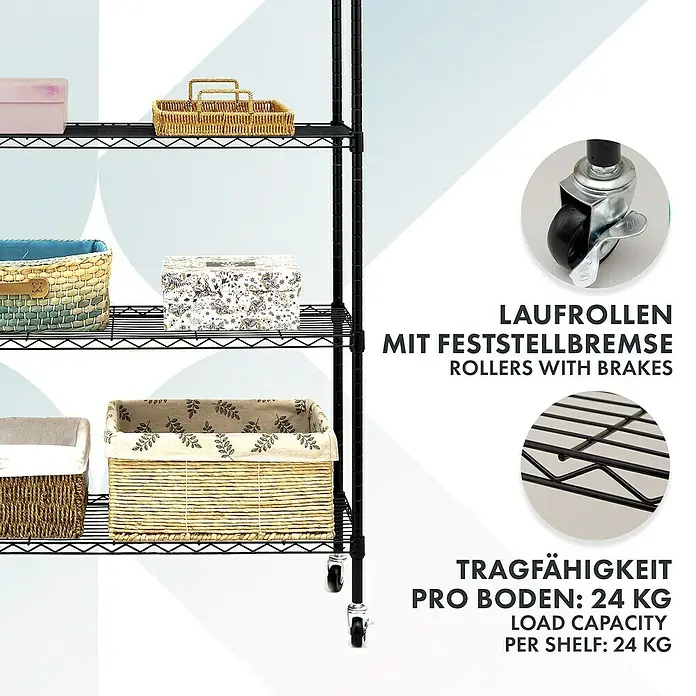 Floordirekt Gitterregal Maya - H x B x T: 150 x 34 x 89 cm, Traglast pro Boden: 24 kg, Anzahl Böden: 5 Stk., Stecken, Schwarz - Ein schwarzes Regal mit Körben und Kisten, mit Rollen und Bremsen, sowie Angaben zur Tragfähigkeit pro Boden.