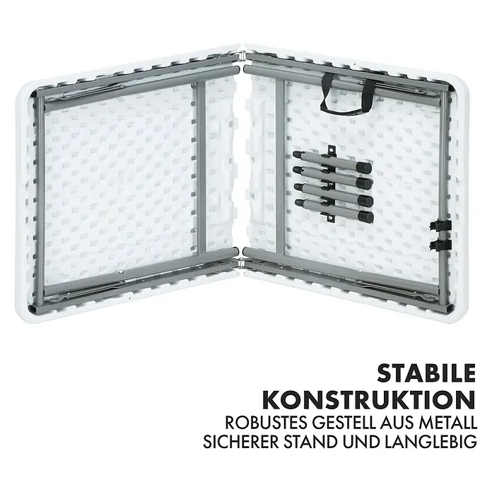 Floordirekt Gartentisch Fukui - L x B x H: 120 x 60 x 75 cm, Kunststoff, Rechteckig, Weiß - Zusammengeklappter, weißer Klapptisch mit grauem Metallgestell und Tragegriff für einfachen Transport und platzsparende Lagerung.