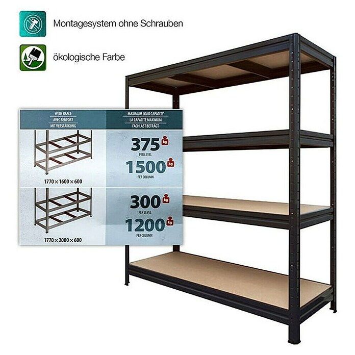 Floordirekt Schwerlastregal (H x B x T: 180 x 200 x 60 cm, Traglast pro Boden: 400 kg, Anzahl Böden: 4 Stk., Stecken, Schwarz) | BAUHAUS