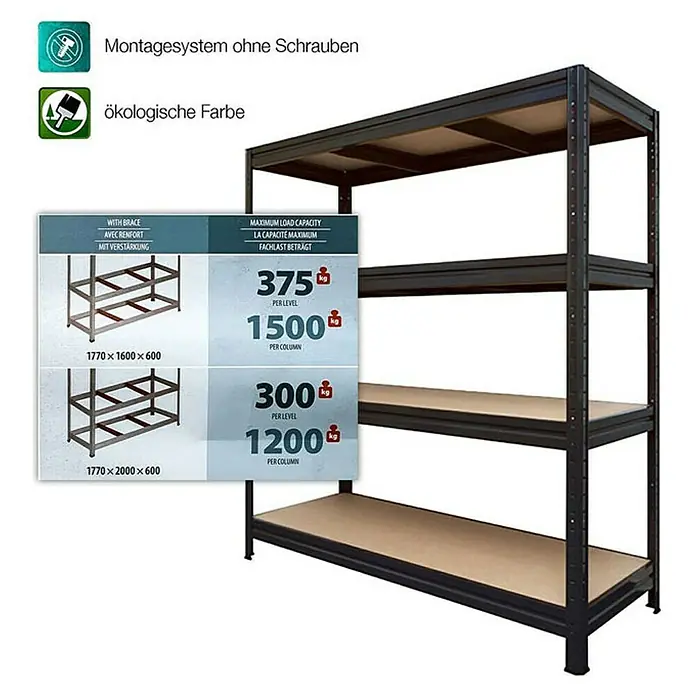 Floordirekt Schwerlastregal - H x B x T: 180 x 200 x 60 cm, Traglast pro Boden: 400 kg, Anzahl Böden: 4 Stk., Stecken, Schwarz - Produktabbildung eines schwarzen Metallregals mit vier Regalböden, das für hohe Lasten ausgelegt ist.