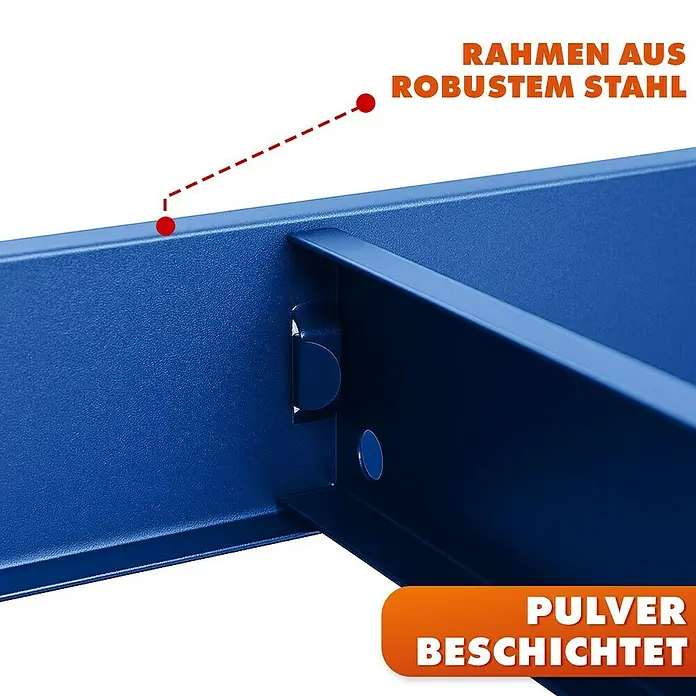 Floordirekt Schwerlastregal Rhino - H x B x T: 180 x 90 x 60 cm, Traglast pro Boden: 210 kg, Anzahl Böden: 5 Stk., Stecken, Blau - Detailansicht eines robusten, pulverbeschichteten Stahlrahmens, der Stabilität und Langlebigkeit verspricht. Perfekt für langlebige Möbel.