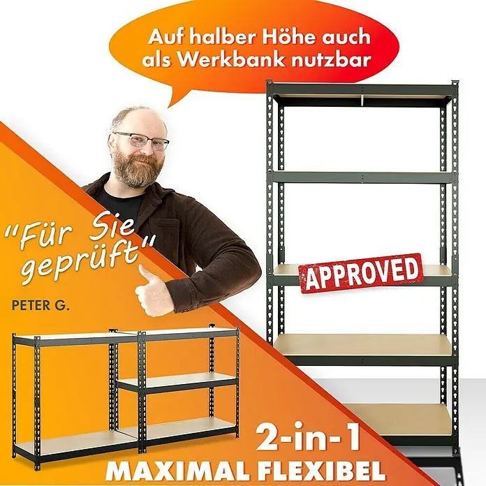 Floordirekt Schwerlastregal Rhino - H x B x T: 180 x 90 x 45 cm, Traglast pro Boden: 210 kg, Anzahl Böden: 5 Stk., Stecken, Schwarz - Produktbild eines flexiblen 2-in-1 Regalsystems, das auch als Werkbank genutzt werden kann, beworben von Peter G. mit "APPROVED"-Siegel.