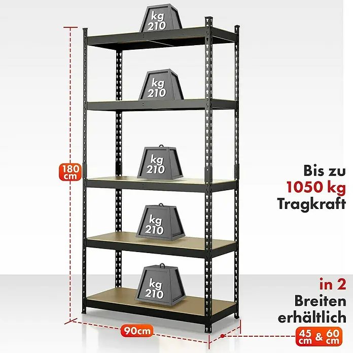 Floordirekt Schwerlastregal Rhino - H x B x T: 180 x 90 x 60 cm, Traglast pro Boden: 210 kg, Anzahl Böden: 5 Stk., Stecken, Schwarz - Abbildung eines Schwerlastregals mit fünf Böden, belastbar bis zu 1050 kg, in zwei Breiten (45 & 60 cm) erhältlich.