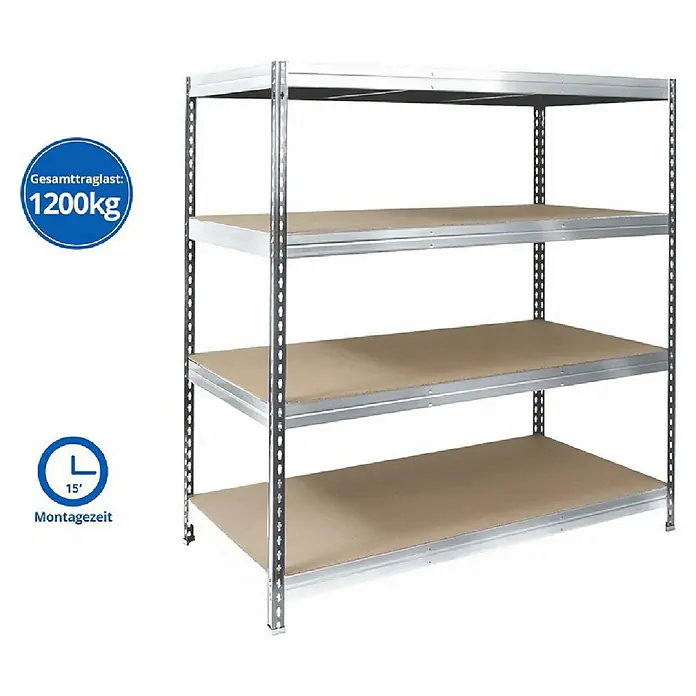 Floordirekt Schwerlastregal - H x B x T: 200 x 180 x 60 cm, Traglast pro Boden: 400 kg, Anzahl Böden: 4 Stk., Stecken, Silber - Ein Schwerlastregal mit vier Ablageflächen, ideal für Lagerung mit hoher Traglast. Belastbarkeit von 1200kg.