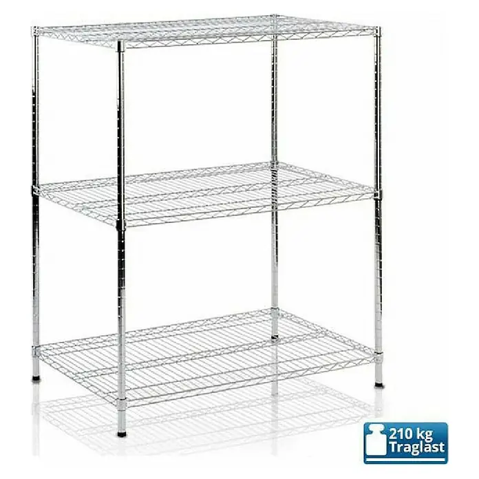 Floordirekt Gitterregal Everest - H x B x T: 90 x 35 x 60 cm, Traglast pro Boden: 70 kg, Anzahl Böden: 3 Stk., Stecken, Chrom - Abbildung eines verchromten Drahtregals mit drei Ebenen, ideal für Lagerung und Organisation in verschiedenen Umgebungen.