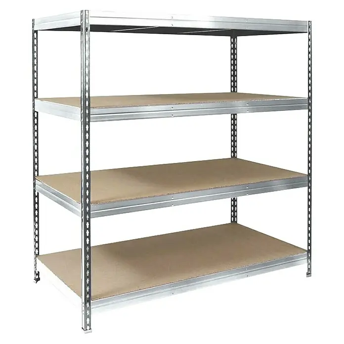 Floordirekt Schwerlastregal - H x B x T: 200 x 180 x 60 cm, Traglast pro Boden: 400 kg, Anzahl Böden: 4 Stk., Stecken, Silber - Abbildung eines Metallregals mit vier Ablagen aus Pressspanplatten. Es ist ideal für Lagerung und Organisation.