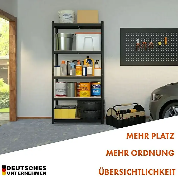 Floordirekt Schwerlastregal Rhino - H x B x T: 180 x 90 x 60 cm, Traglast pro Boden: 210 kg, Anzahl Böden: 5 Stk., Stecken, Schwarz - Lagerregal mit Werkzeugen, Farbeimern, Reifen und Kisten zur Garagenorganisation mit dem Slogan "Mehr Platz, Mehr Ordnung, Übersichtlichkeit".