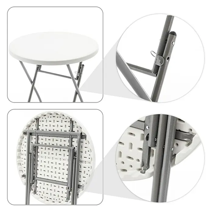Floordirekt Garten-Stehtisch rund Nagano - Ø x H: 80 x 110 cm, Kunststoff, Rund, Weiß - Bild zeigt einen Klapptisch mit weißer Tischplatte und grauem Metallgestell, inklusive Detailansichten der Klappmechanismen.